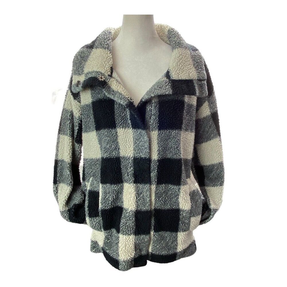 BILLABONG Women Fleece Snap Closure Plaid Jacket Sz M Black White Beach 5-37‎